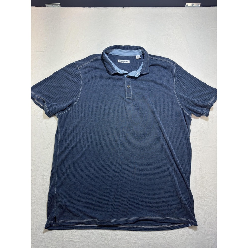 Tommy Bahama Polo Shirt Mens 2XL Blue Micro Stripe Casual Lightweight Knit